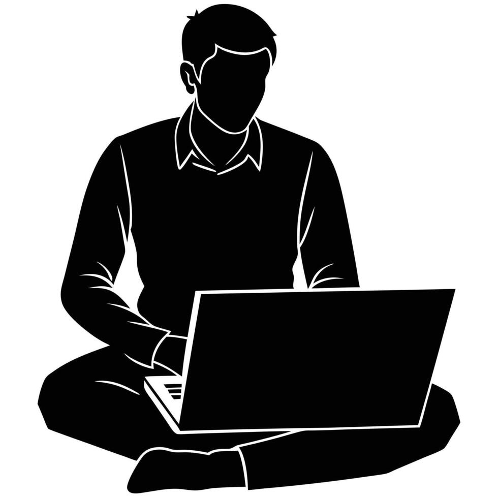 Man on Laptop Silhouette Isolated on White vector