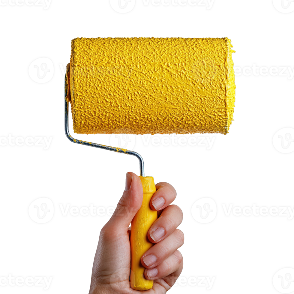 Close-Up of a Hand Grasping a Yellow Paint Roller Isolated on Transparent Background png