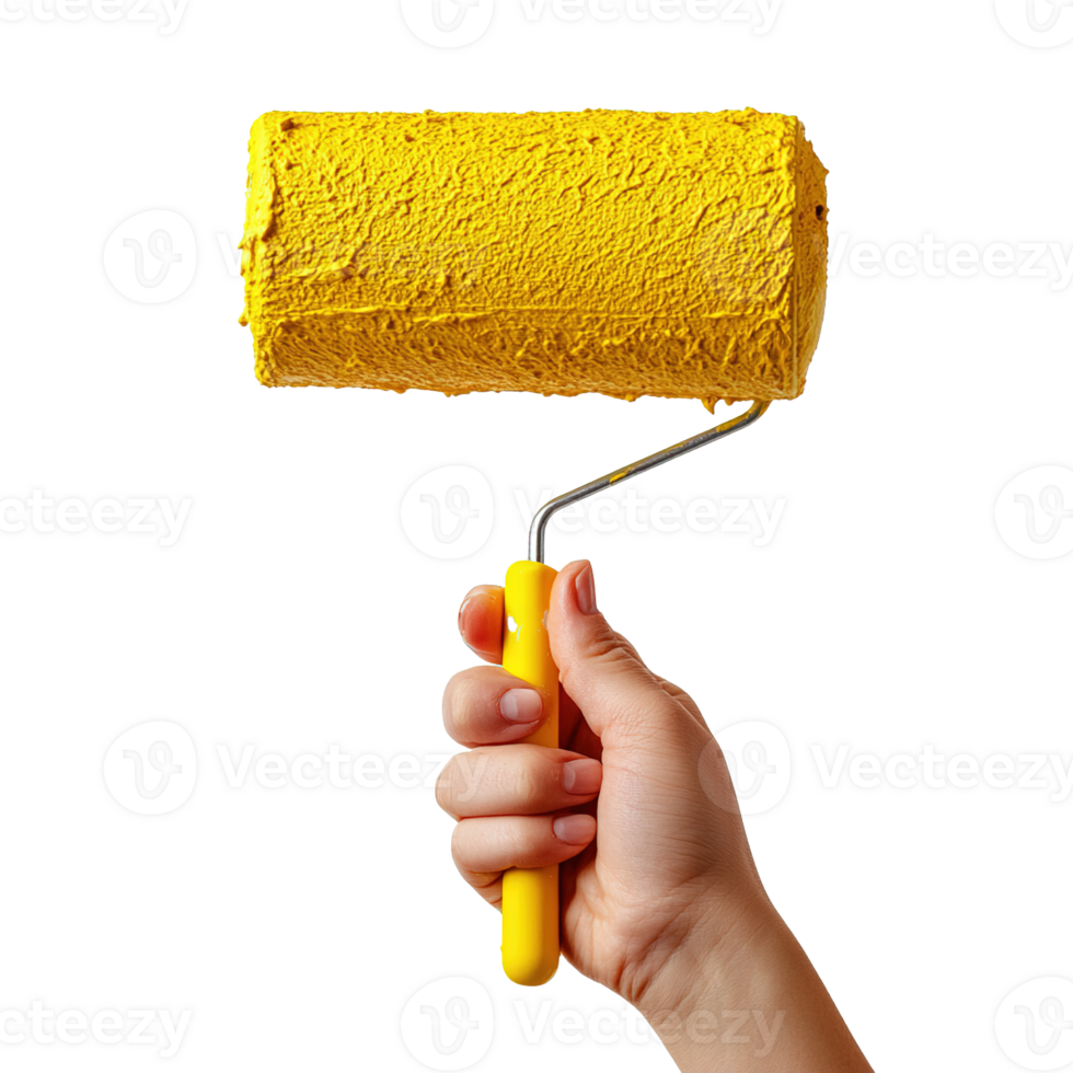 Hand Holding a Roller Brush Coated in Bold Yellow Paint Isolated on Transparent Background png
