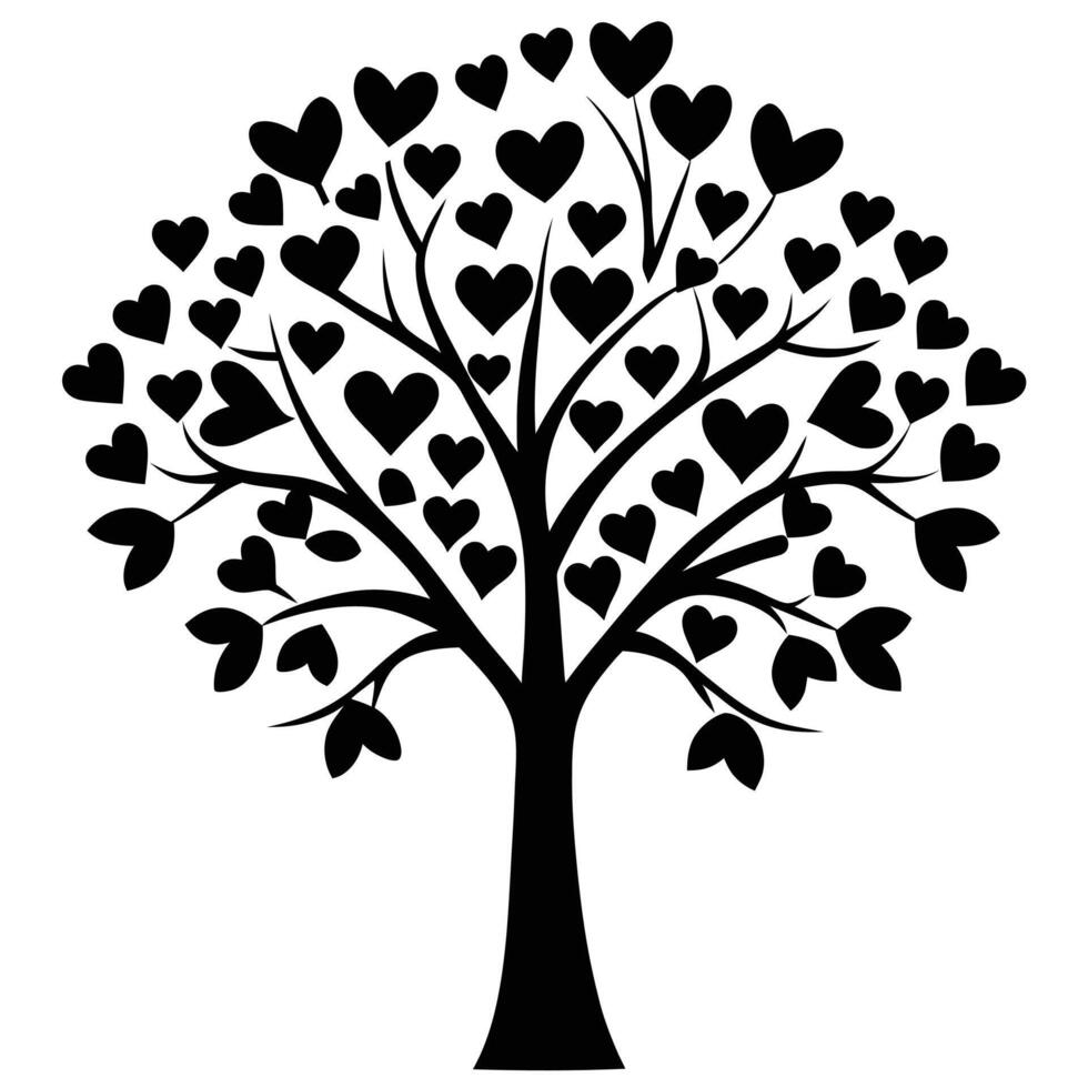 Love Tree with Heart Shapes Silhouette Illustration on White Background vector