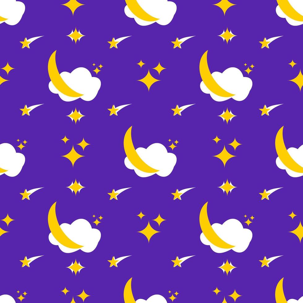 Lullaby crescent on cloud with shooting star and sparkling star on purple background, seamless pattern for wrapping, fabric and pajamas. vector
