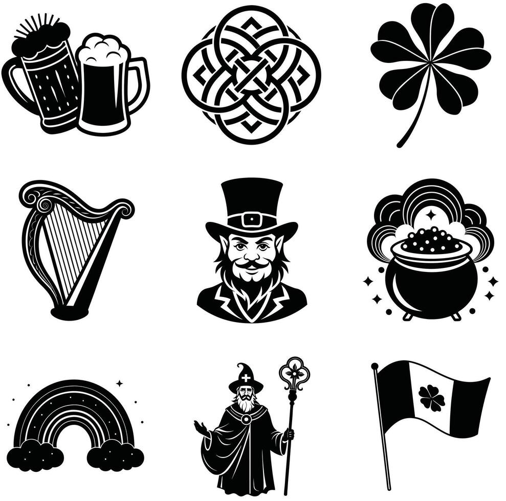 Irish clover decorations for St Patrick Day celebrations icon set vector
