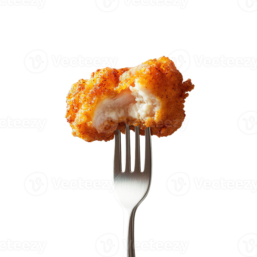 Deliciously Breaded Fried Chicken with Visible Seasoning, Held by a Fork png