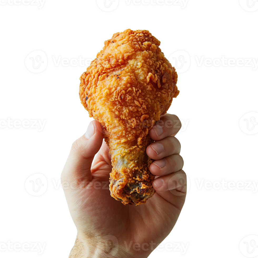 Close-Up of a Hand Holding a Crispy Fried Chicken Drumstick Against a Transparent Background png
