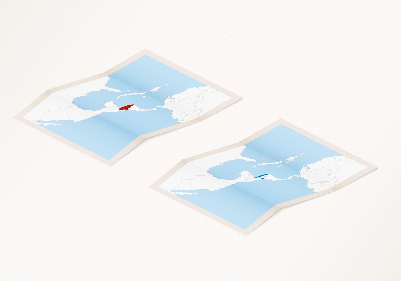 Two versions of a folded map of Honduras with the flag of the country of Honduras and with the red color highlighted. vector