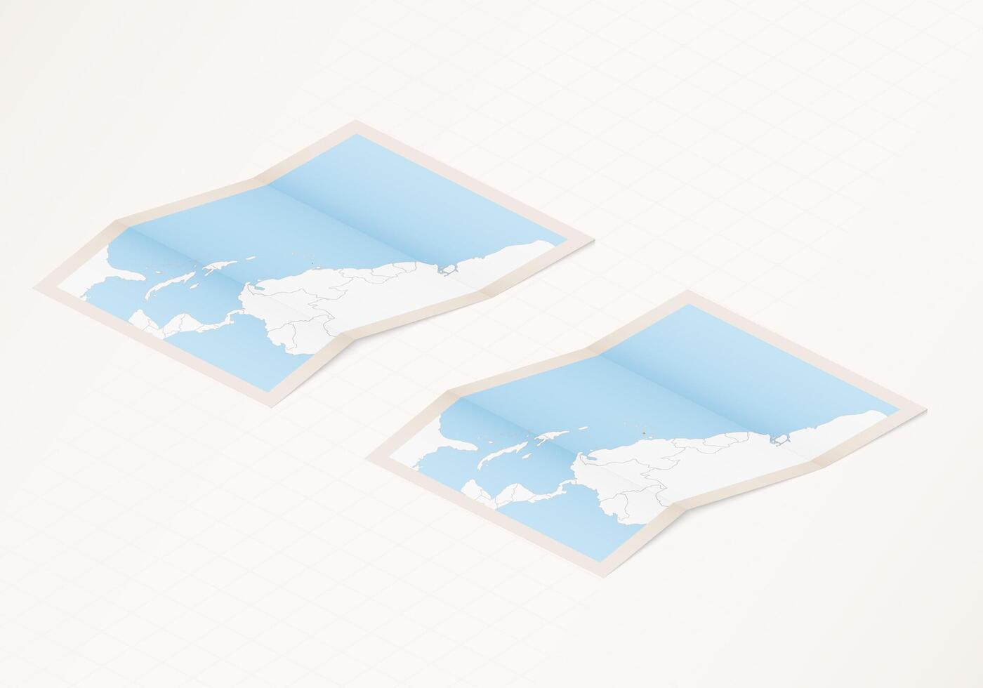 Two versions of a folded map of Grenada with the flag of the country of Grenada and with the red color highlighted. vector