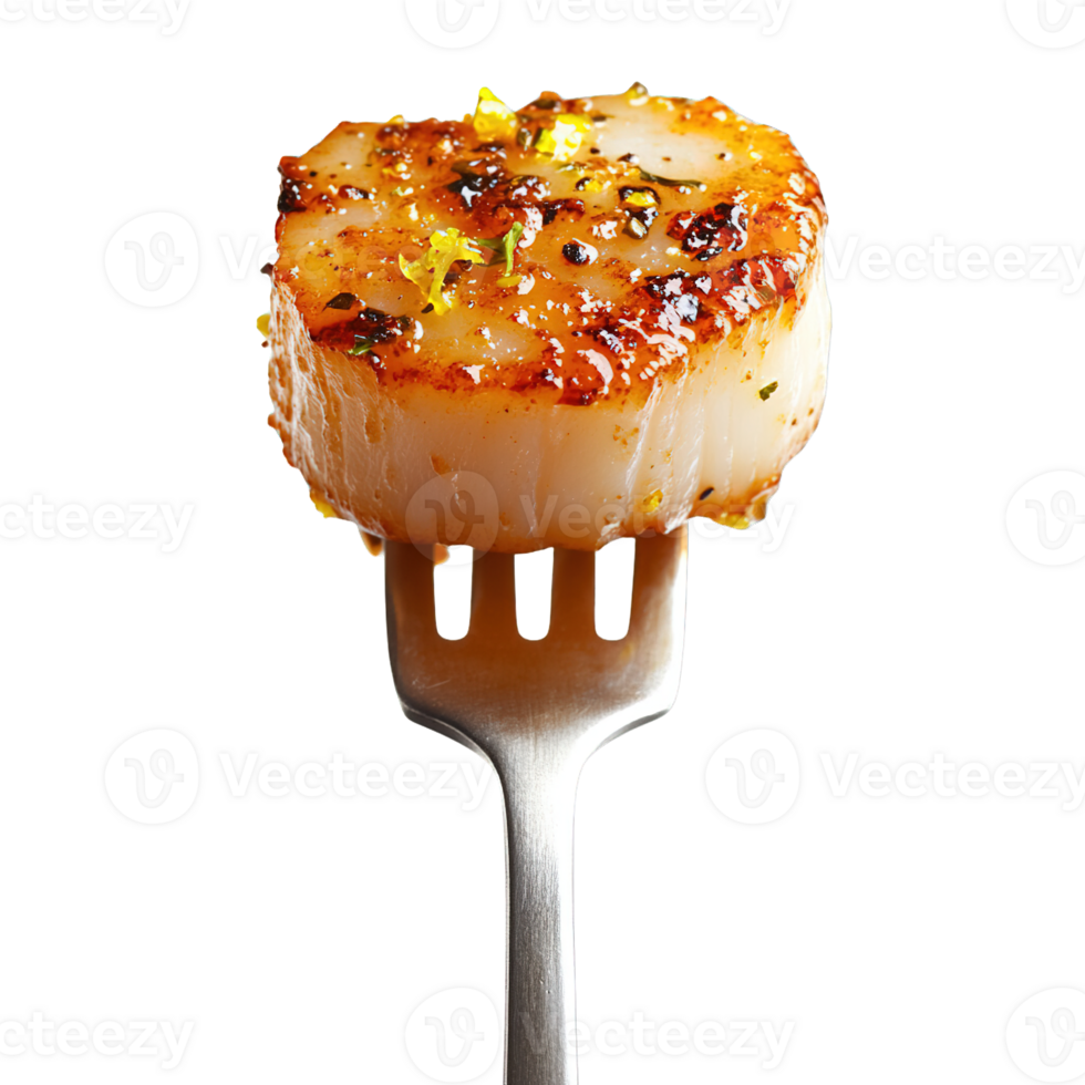 Sumptuous Scallop Garnished with Lemon Zest on a Fork png