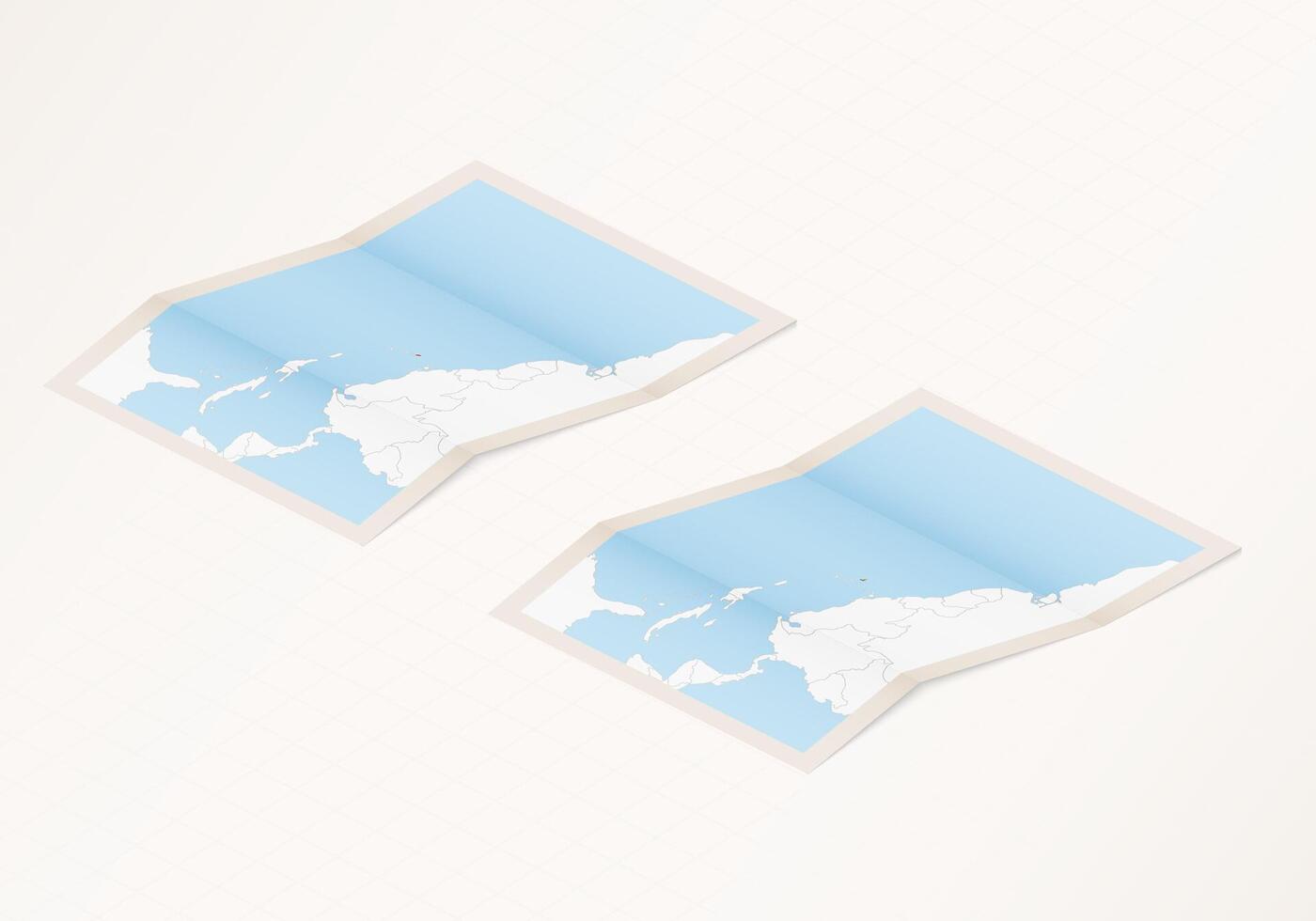 Two versions of a folded map of Barbados with the flag of the country of Barbados and with the red color highlighted. vector