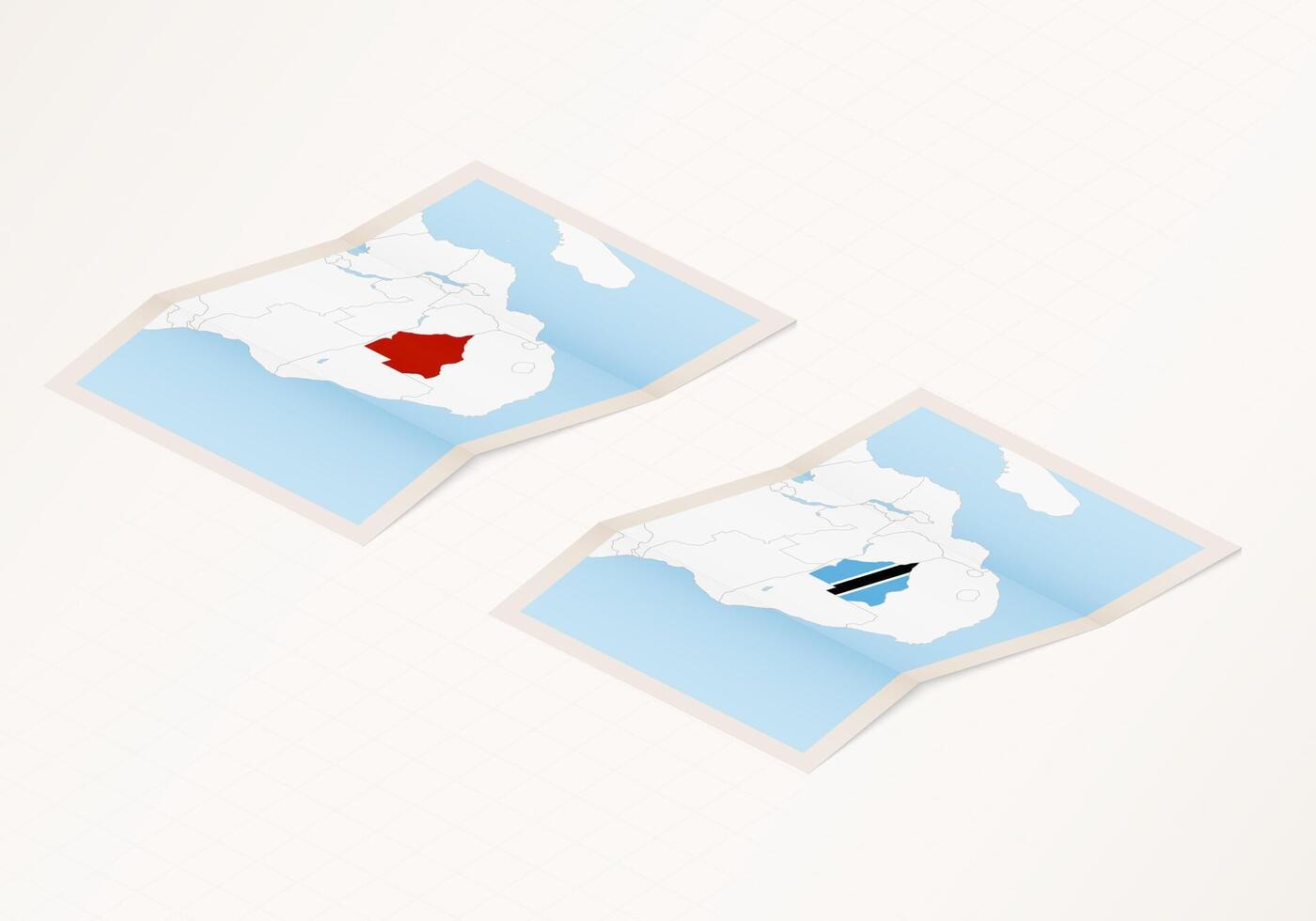 Two versions of a folded map of Botswana with the flag of the country of Botswana and with the red color highlighted. vector