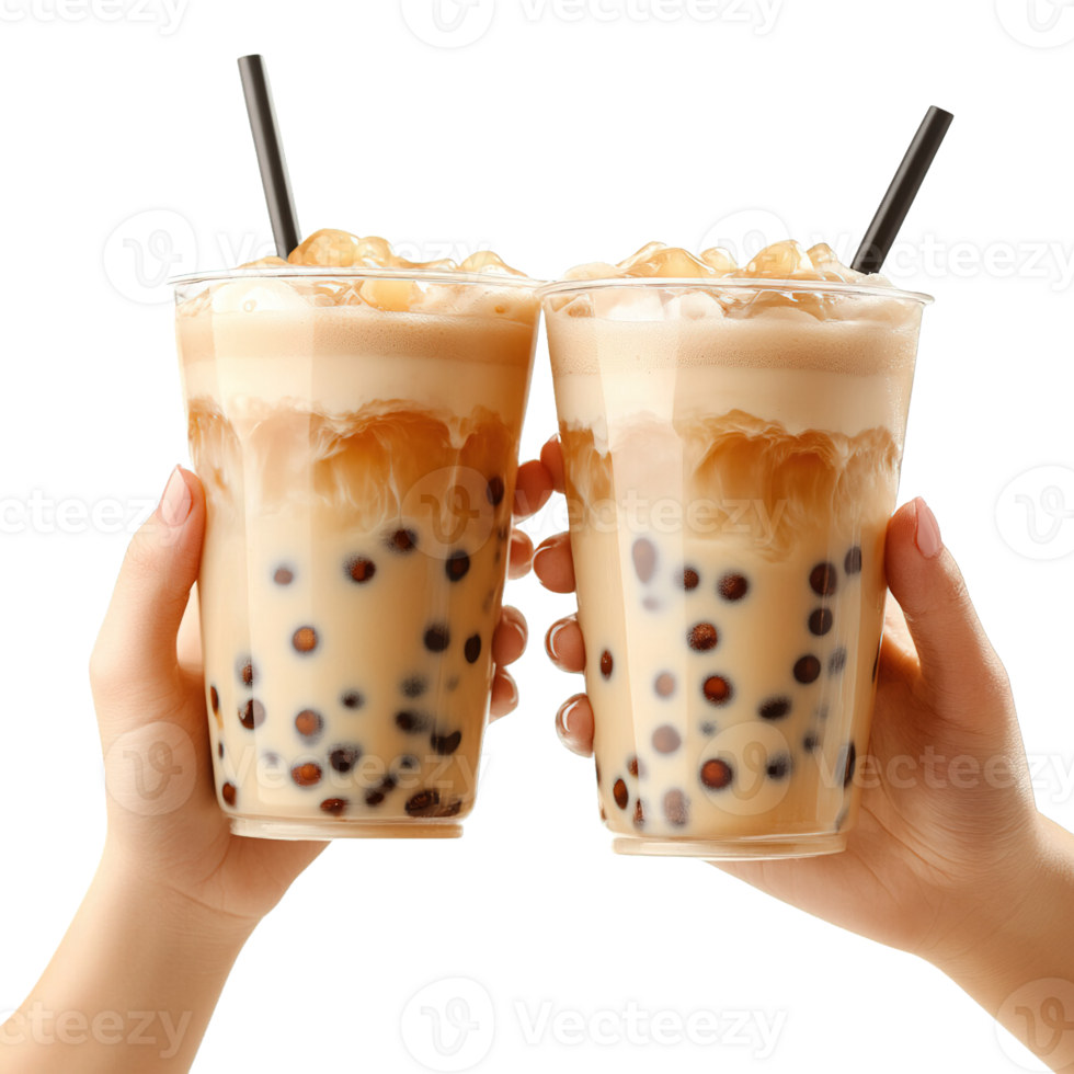 Hands Holding Two Cups of Creamy Bubble Tea with Black Tapioca Pearls Isolated on Transparent Background png