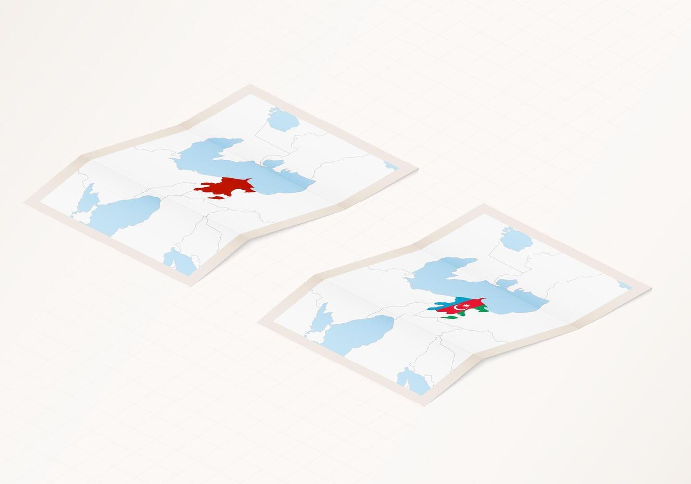 Two versions of a folded map of Azerbaijan with the flag of the country of Azerbaijan and with the red color highlighted. vector