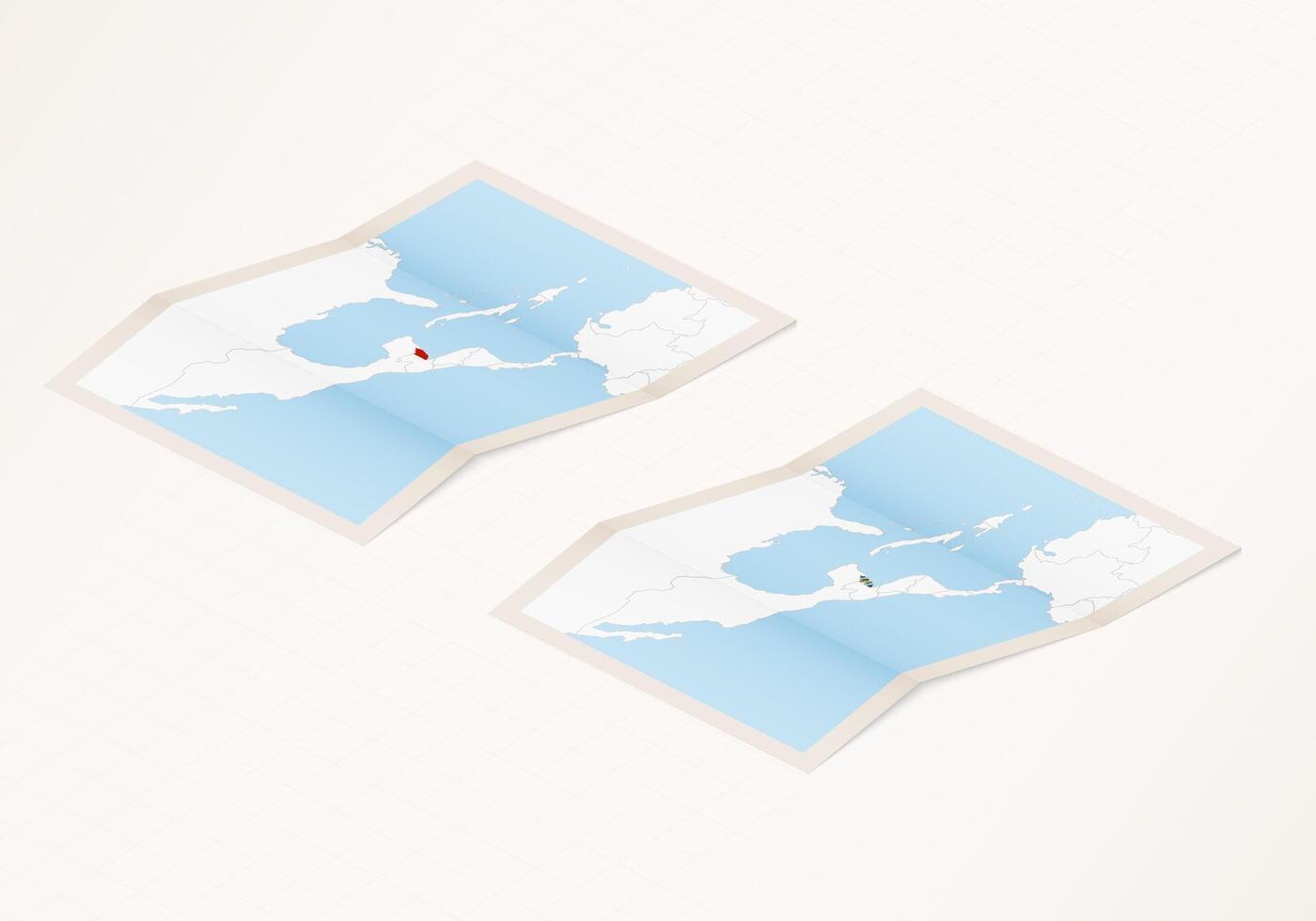 Two versions of a folded map of Belize with the flag of the country of Belize and with the red color highlighted. vector