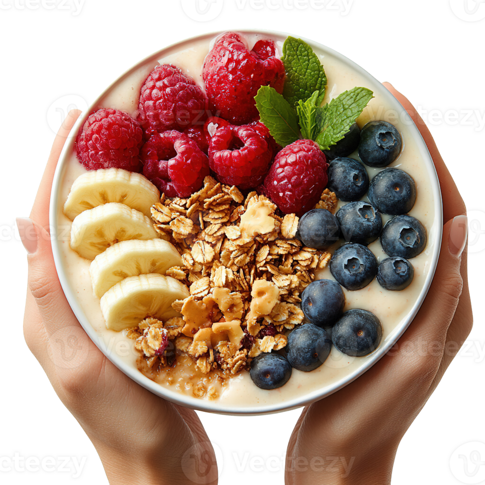 Creamy Smoothie Bowl Decorated with Colorful Fruits and Nutty Granola Crunch png