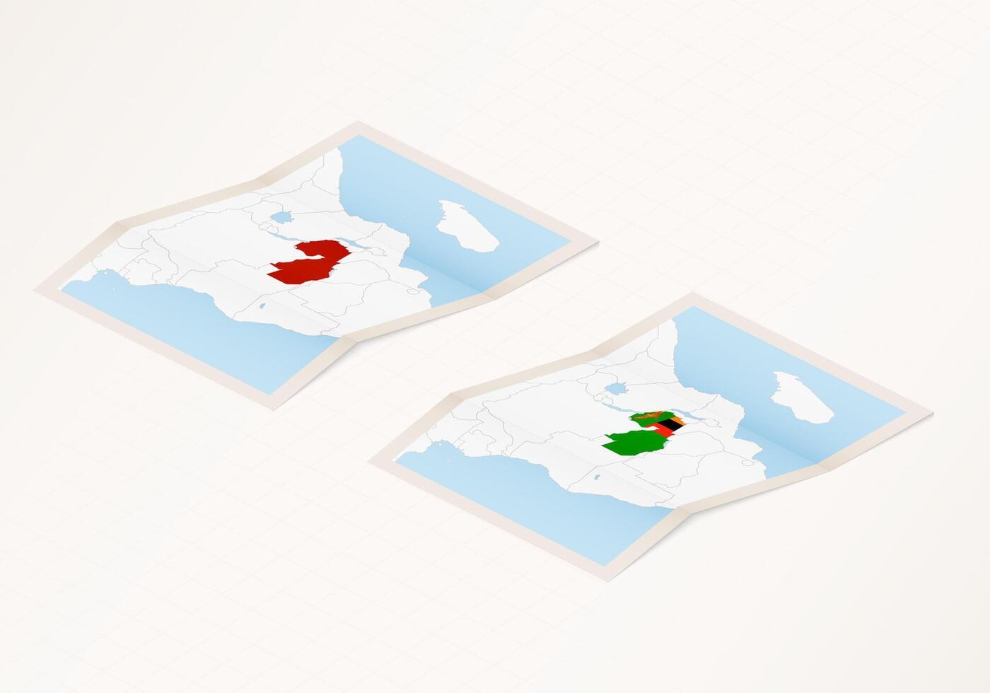 Two versions of a folded map of Zambia with the flag of the country of Zambia and with the red color highlighted. vector