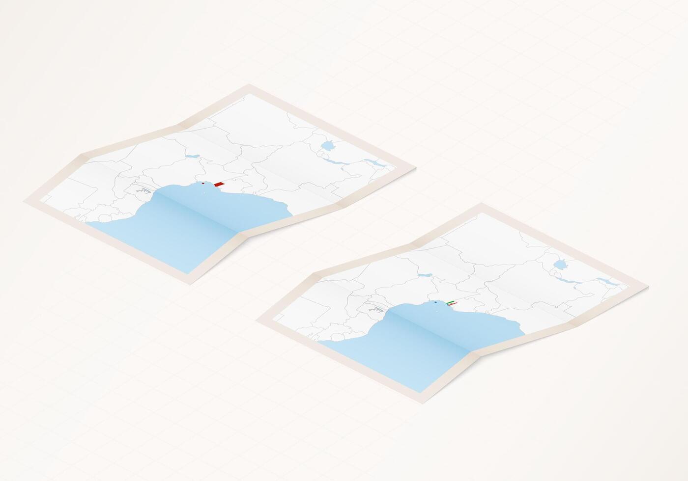 Two versions of a folded map of Equatorial Guinea with the flag of the country of Equatorial Guinea and with the red color highlighted. vector
