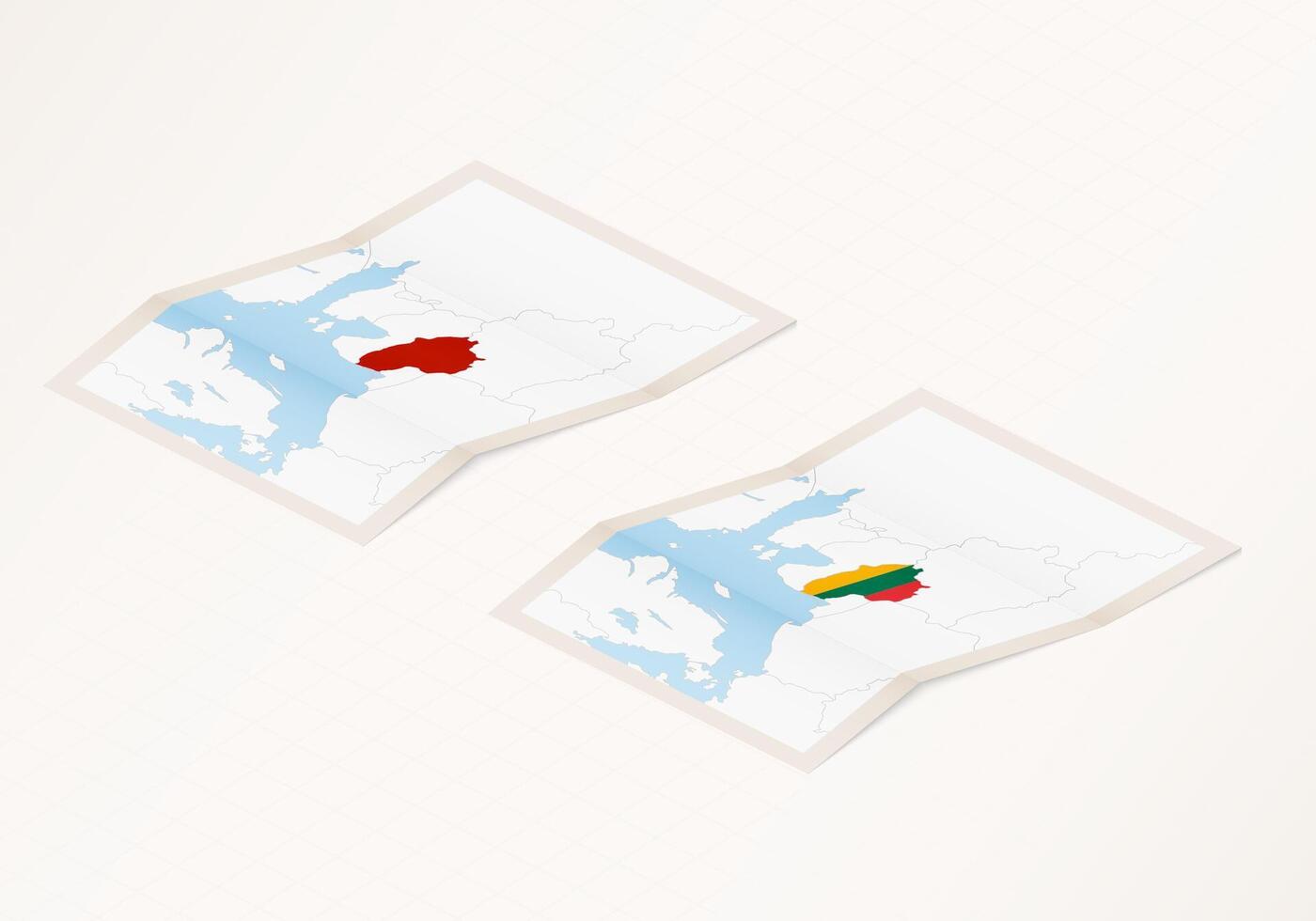 Two versions of a folded map of Lithuania with the flag of the country of Lithuania and with the red color highlighted. vector