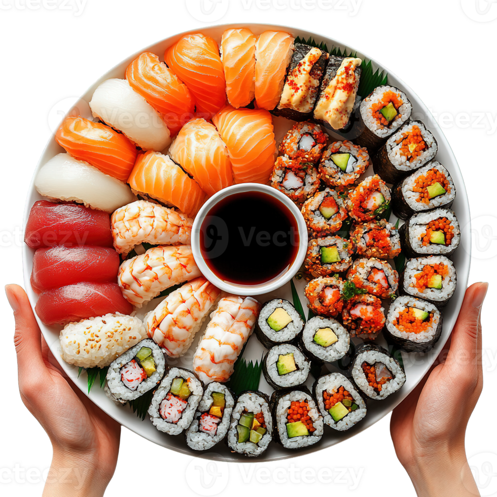 Artistic Sushi Platters with Fresh Seafood and Colorful Ingredients Held by Hands Isolated on Transparent Background png