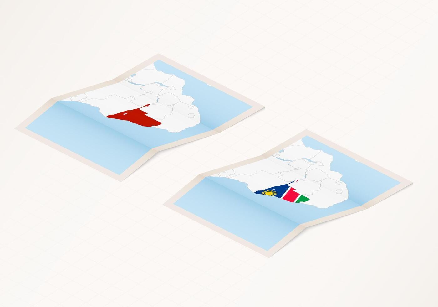 Two versions of a folded map of Namibia with the flag of the country of Namibia and with the red color highlighted. vector