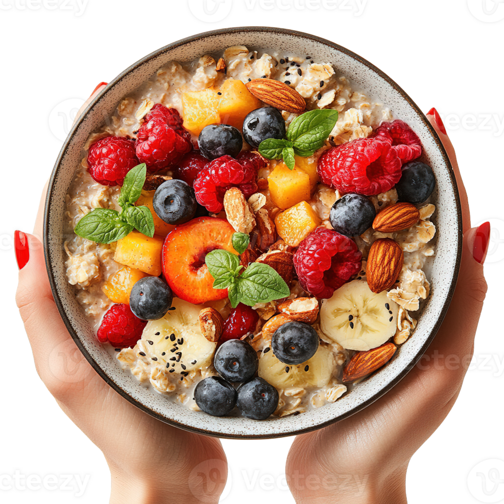 Healthy Breakfast Concept with Hands Holding Nutritious Oatmeal Bowl Isolated on Transparent Background png