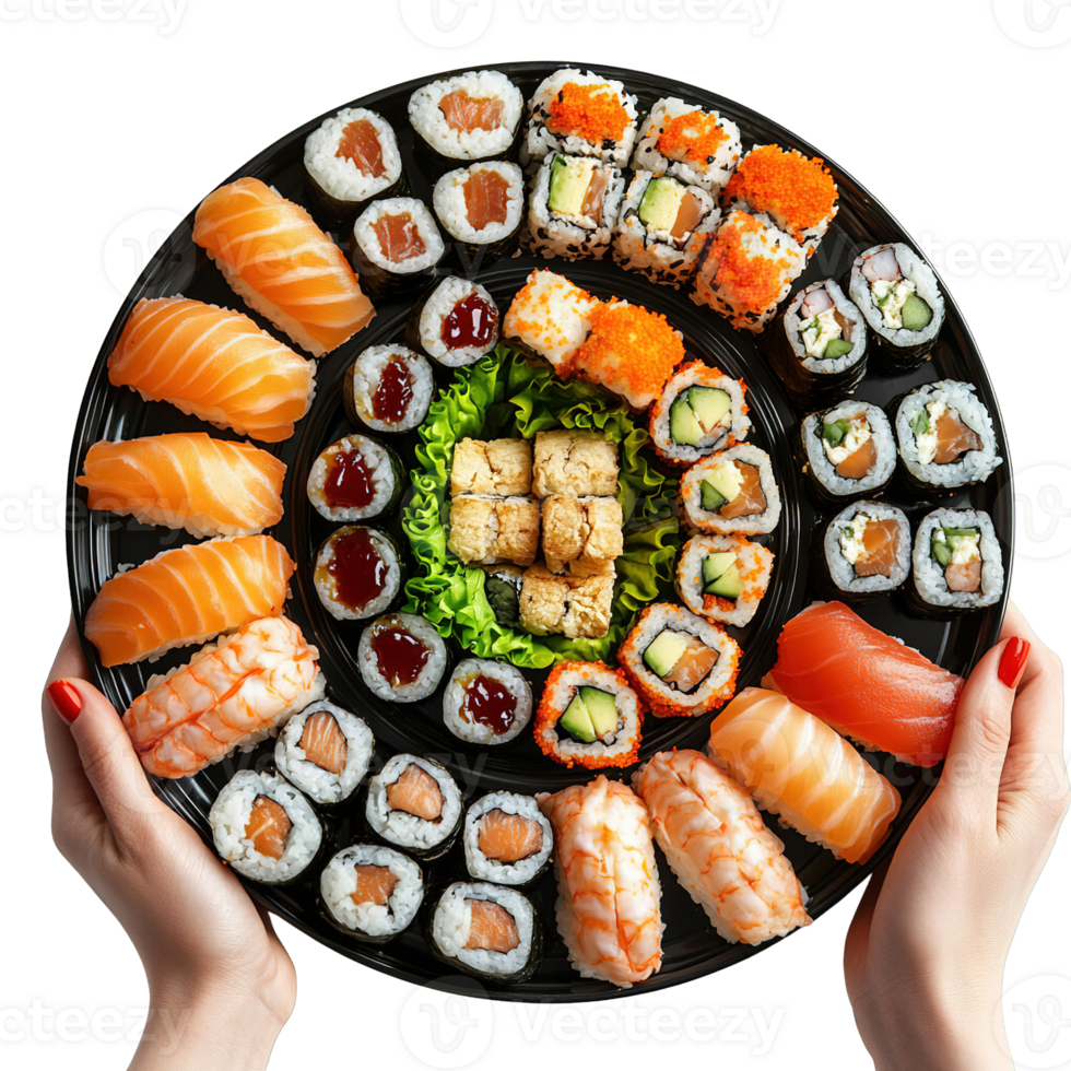 Hands Holding Gourmet Sushi Platters Isolated on Transparent Background png