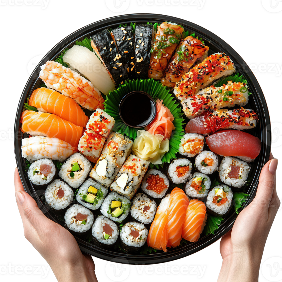Authentic Japanese Sushi Presentation Featuring Sashimi and Maki Rolls Isolated on Transparent Background png