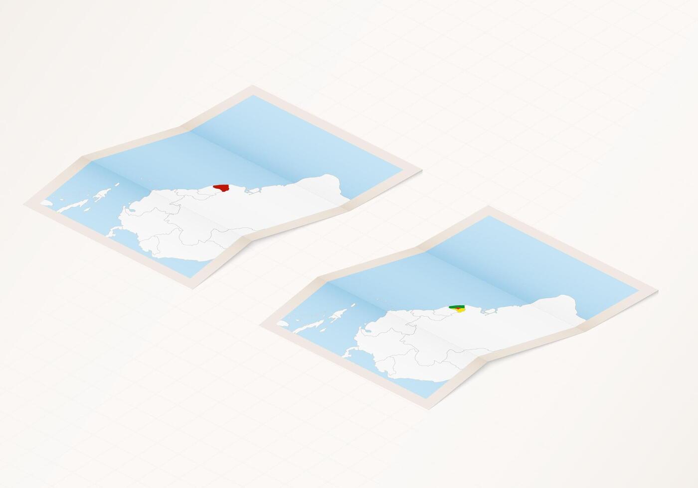 Two versions of a folded map of French Guiana with the flag of the country of French Guiana and with the red color highlighted. vector