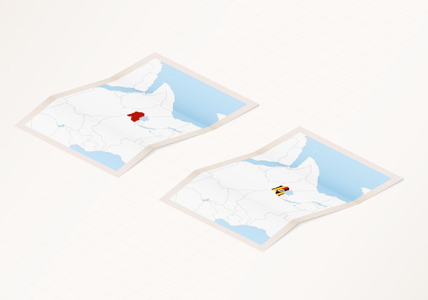 Two versions of a folded map of Uganda with the flag of the country of Uganda and with the red color highlighted. vector