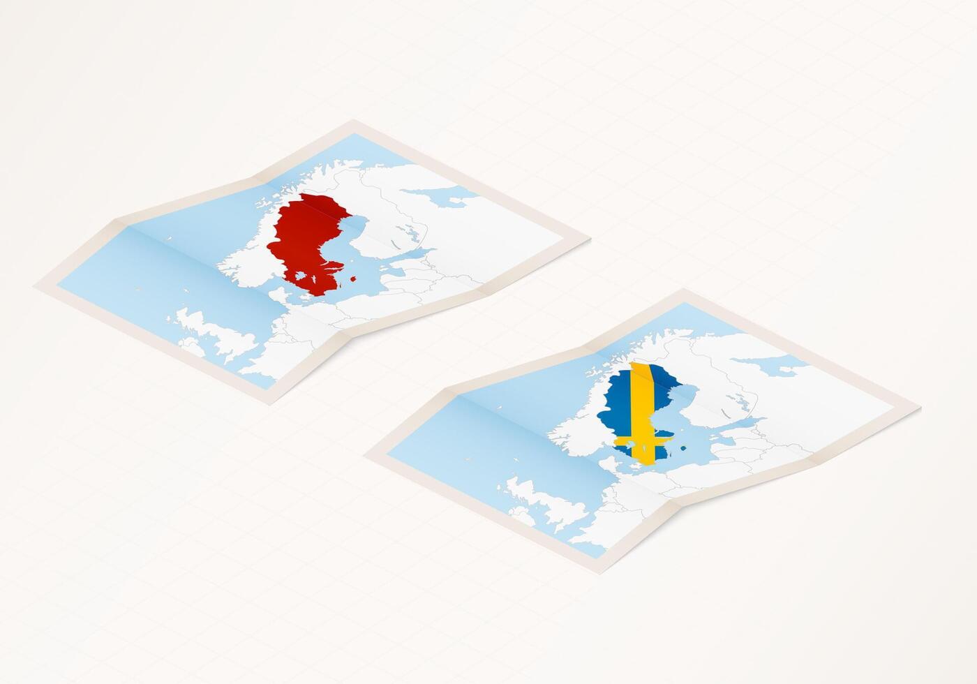 Two versions of a folded map of Sweden with the flag of the country of Sweden and with the red color highlighted. vector