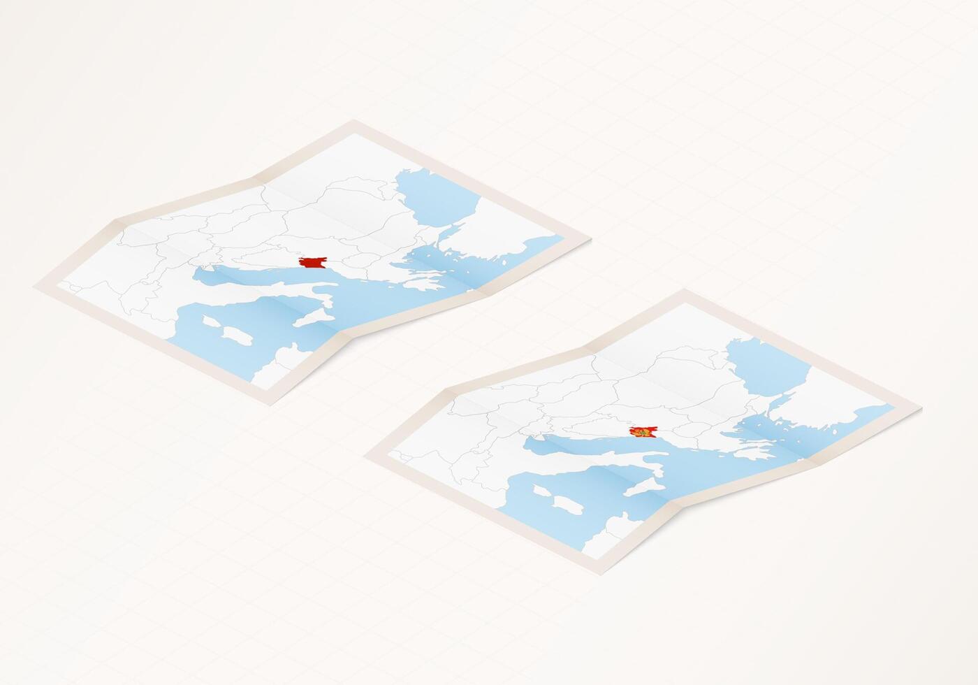 Two versions of a folded map of Montenegro with the flag of the country of Montenegro and with the red color highlighted. vector