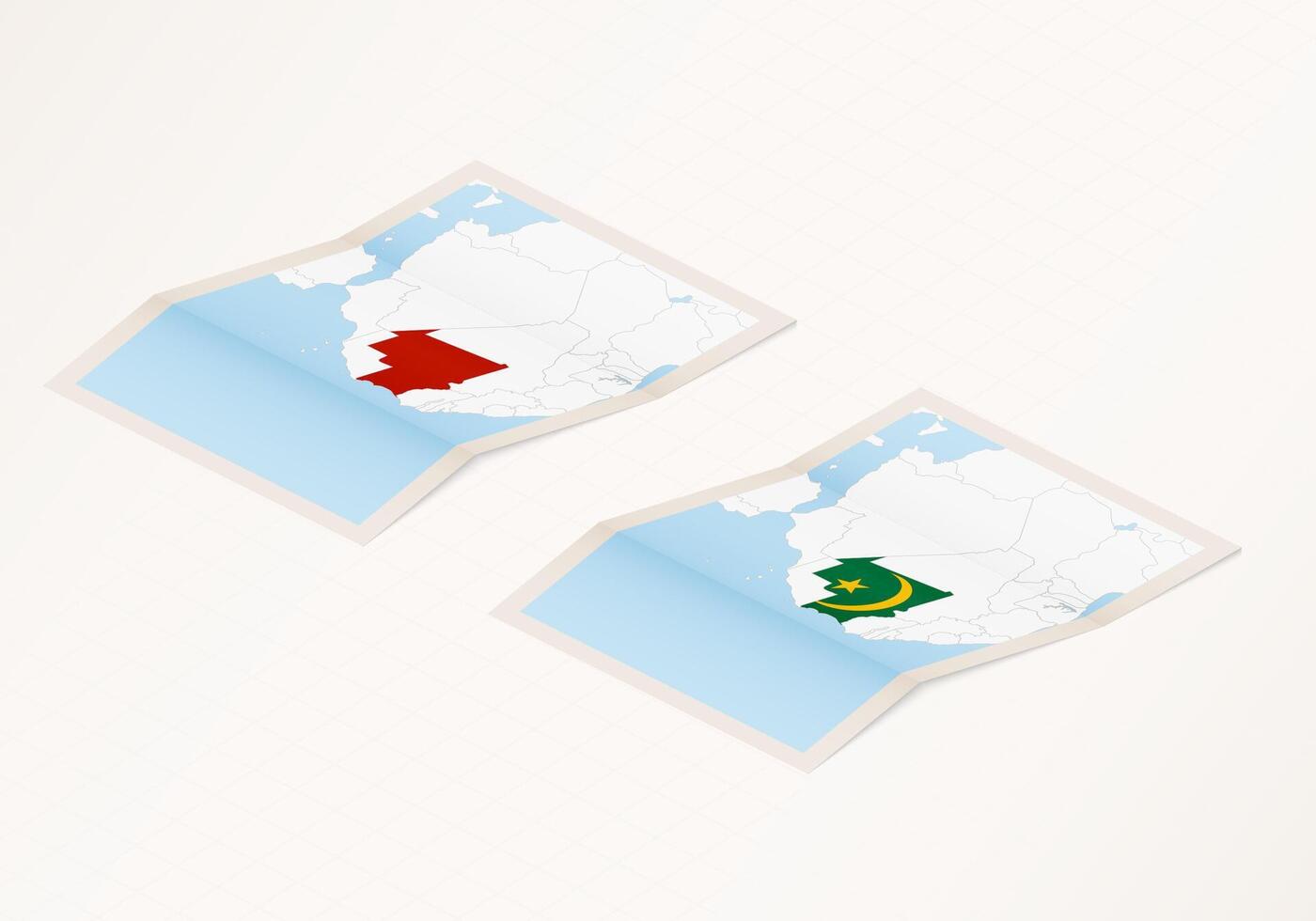 Two versions of a folded map of Mauritania with the flag of the country of Mauritania and with the red color highlighted. vector