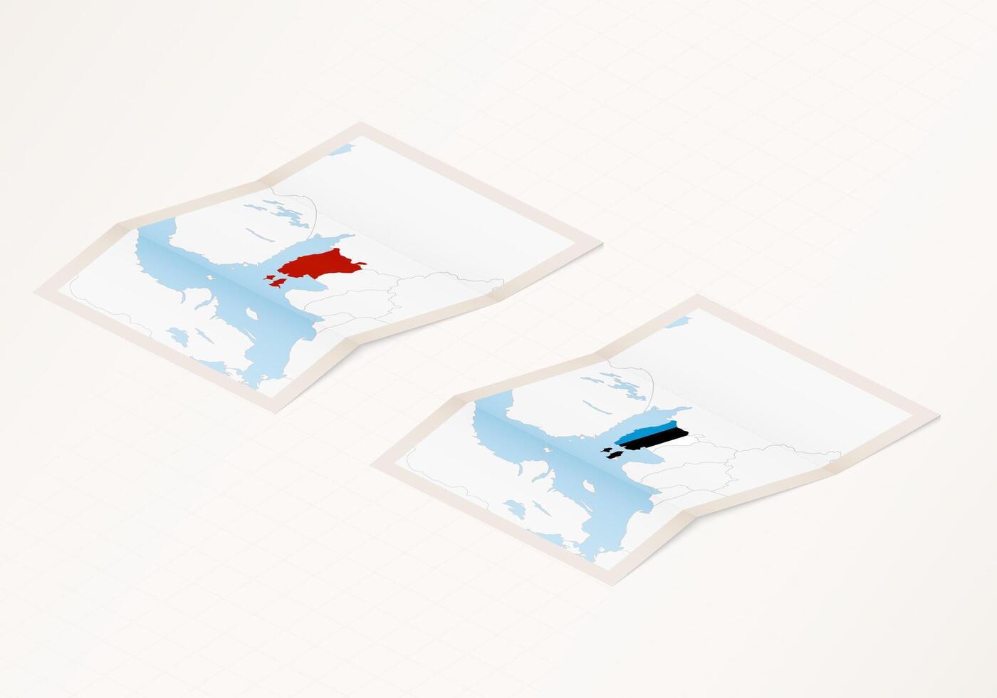 Two versions of a folded map of Estonia with the flag of the country of Estonia and with the red color highlighted. vector