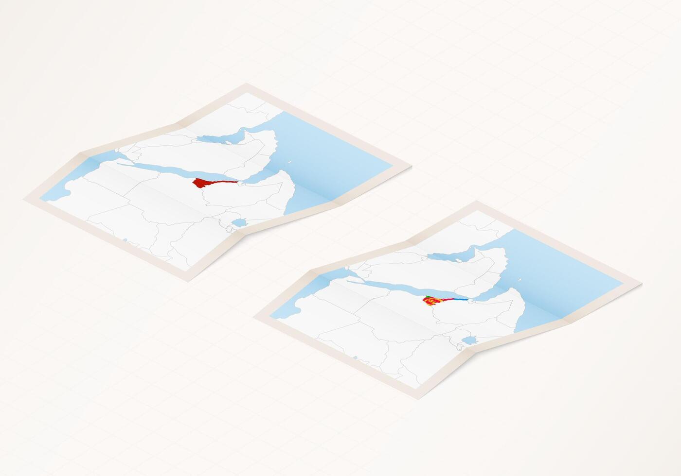 Two versions of a folded map of Eritrea with the flag of the country of Eritrea and with the red color highlighted. vector
