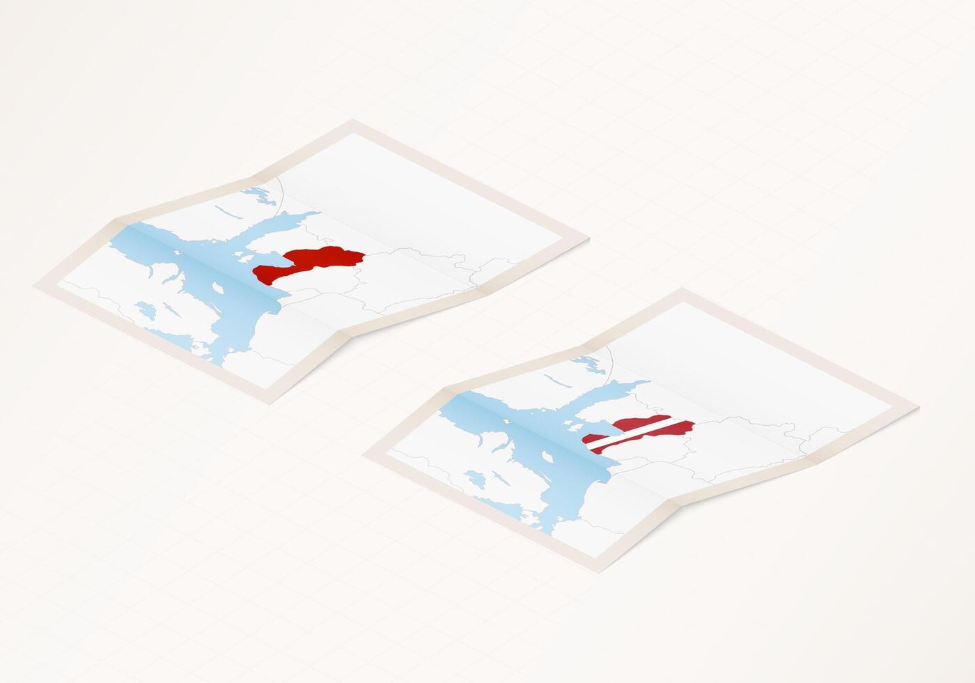 Two versions of a folded map of Latvia with the flag of the country of Latvia and with the red color highlighted. vector