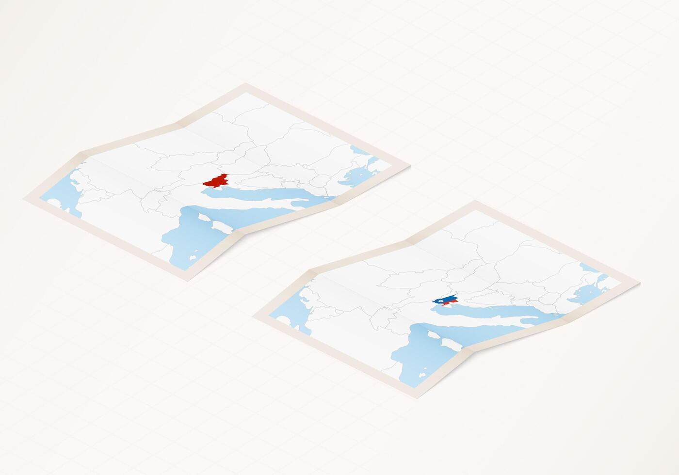 Two versions of a folded map of Slovenia with the flag of the country of Slovenia and with the red color highlighted. vector