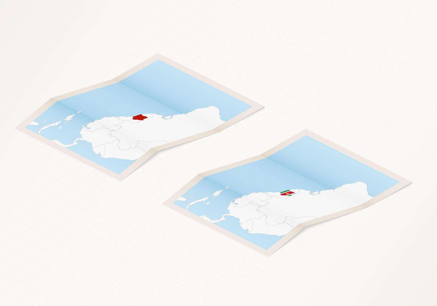 Two versions of a folded map of Suriname with the flag of the country of Suriname and with the red color highlighted. vector