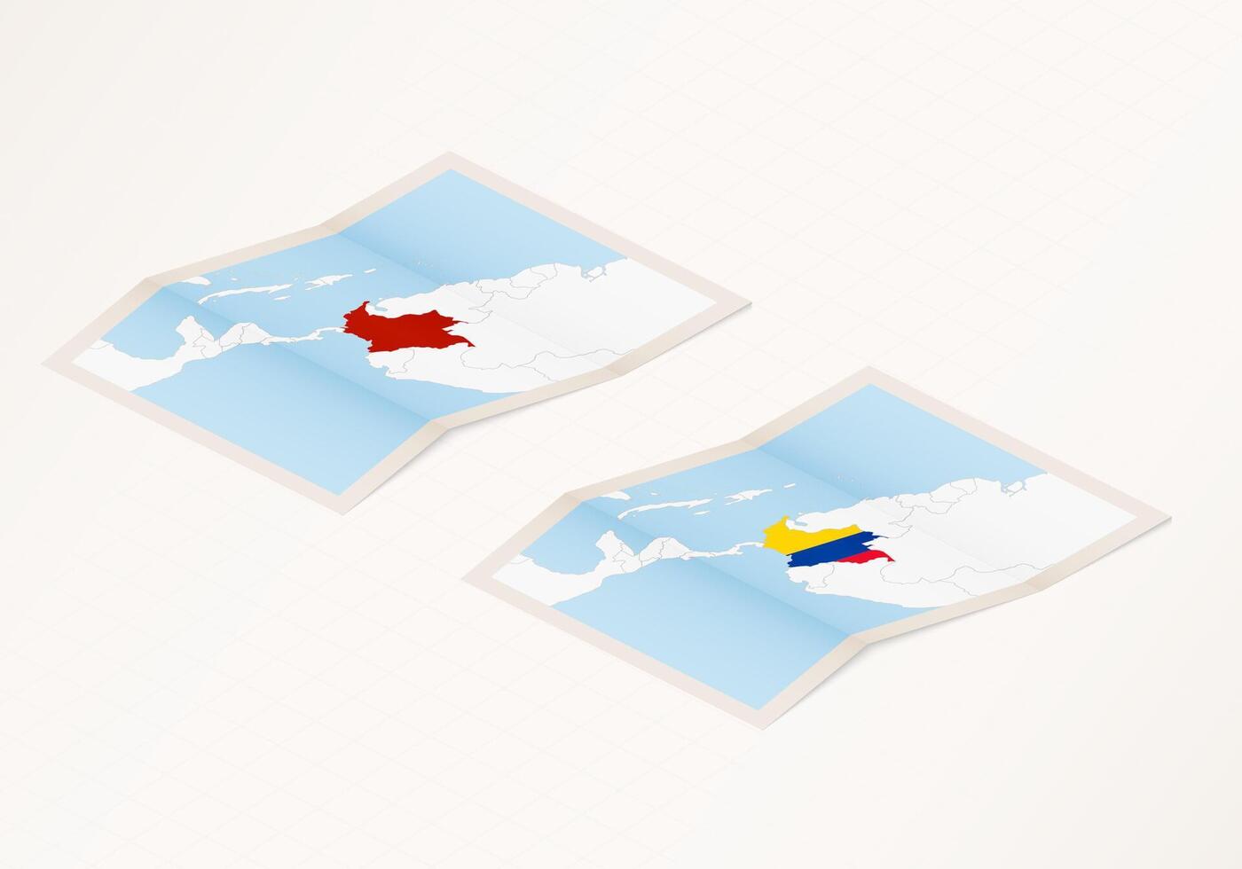 Two versions of a folded map of Colombia with the flag of the country of Colombia and with the red color highlighted. vector