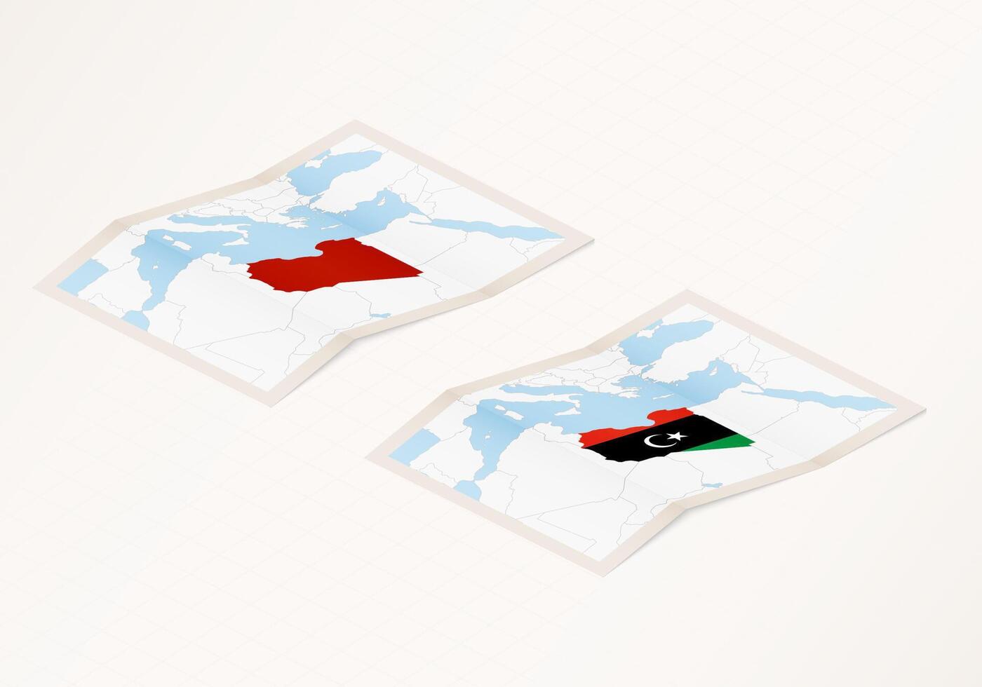 Two versions of a folded map of Libya with the flag of the country of Libya and with the red color highlighted. vector