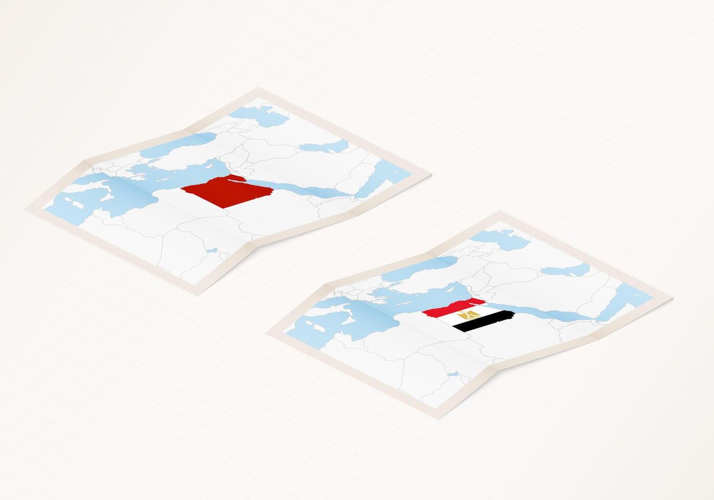 Two versions of a folded map of Egypt with the flag of the country of Egypt and with the red color highlighted. vector