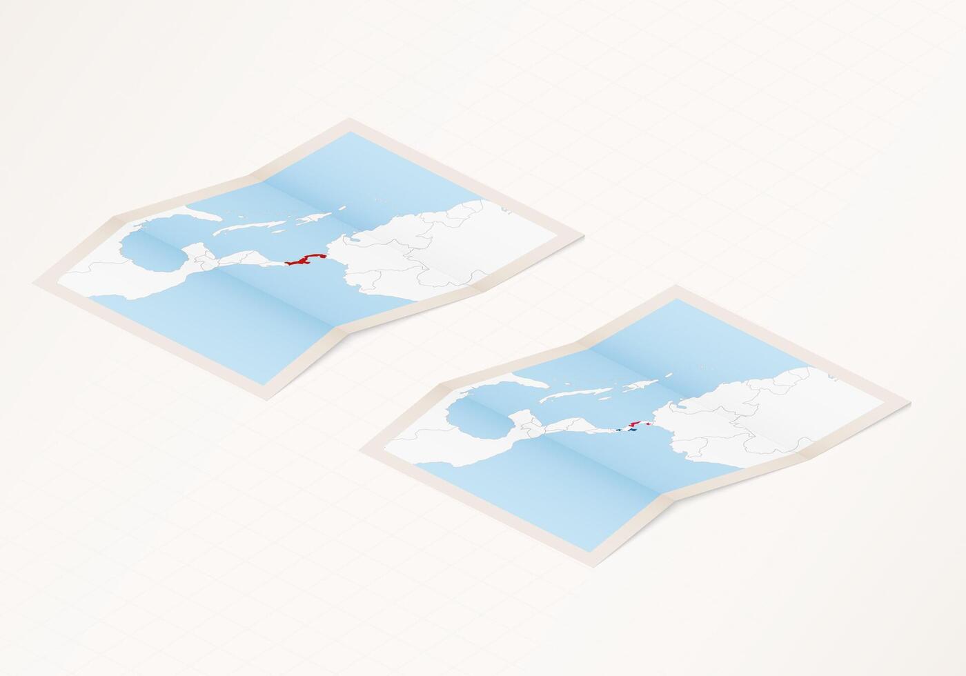 Two versions of a folded map of Panama with the flag of the country of Panama and with the red color highlighted. vector