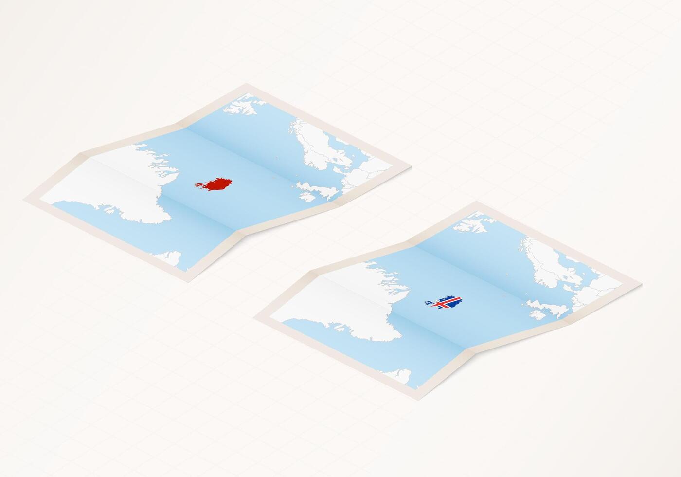 Two versions of a folded map of Iceland with the flag of the country of Iceland and with the red color highlighted. vector