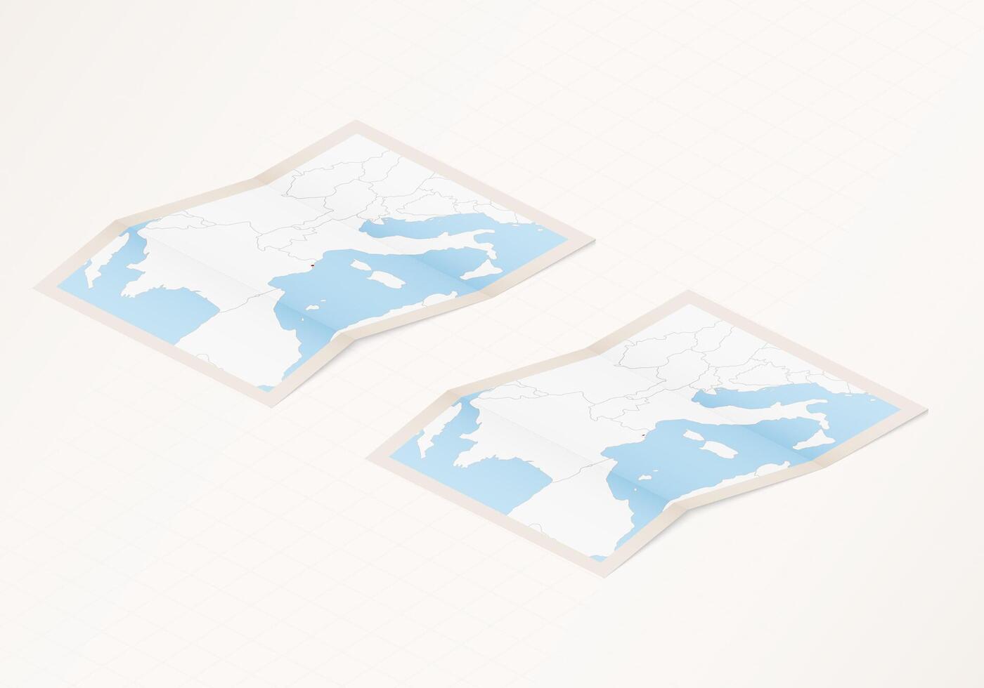 Two versions of a folded map of Monaco with the flag of the country of Monaco and with the red color highlighted. vector