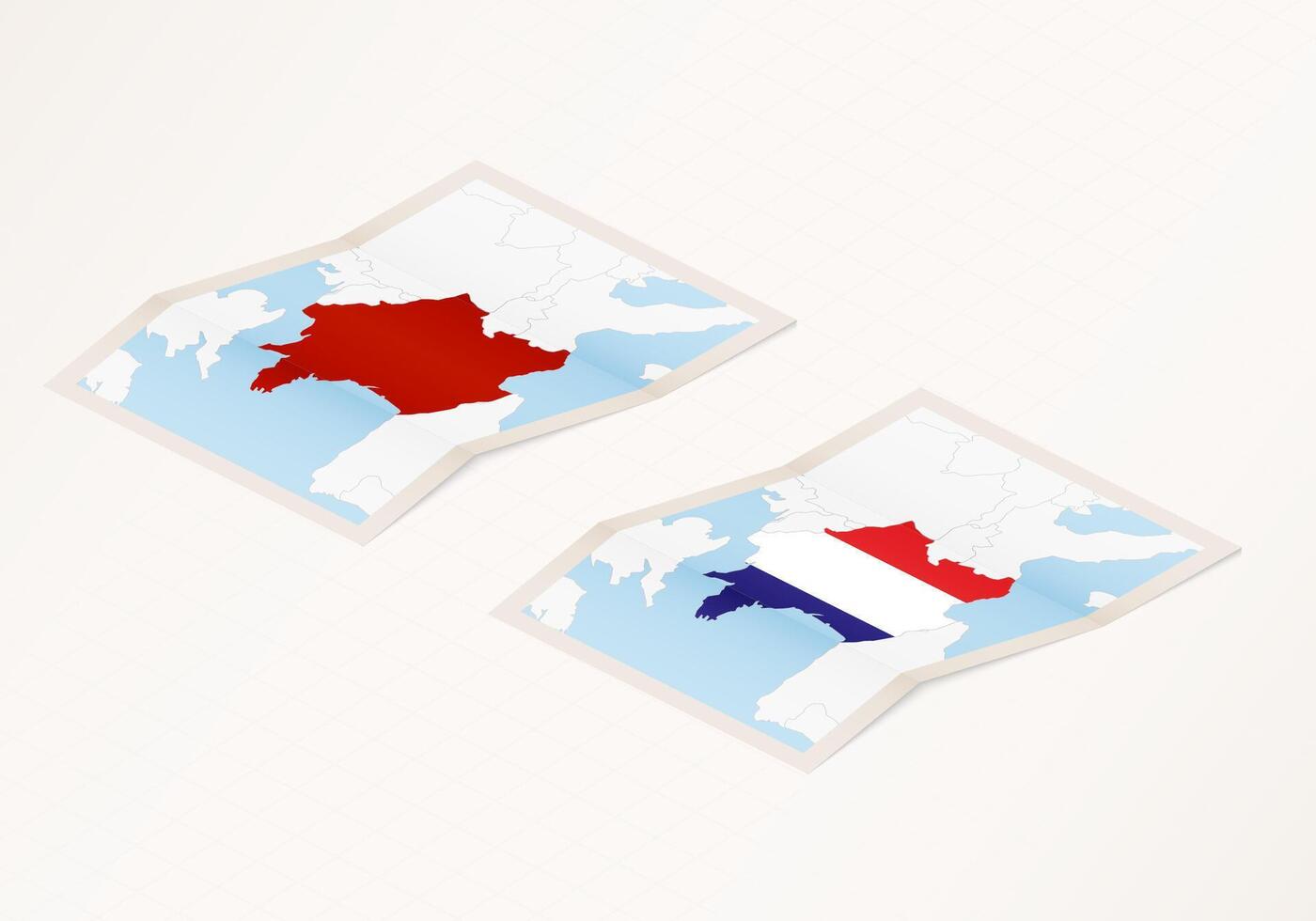 Two versions of a folded map of France with the flag of the country of France and with the red color highlighted. vector