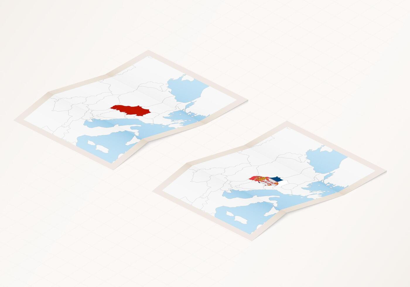 Two versions of a folded map of Serbia with the flag of the country of Serbia and with the red color highlighted. vector