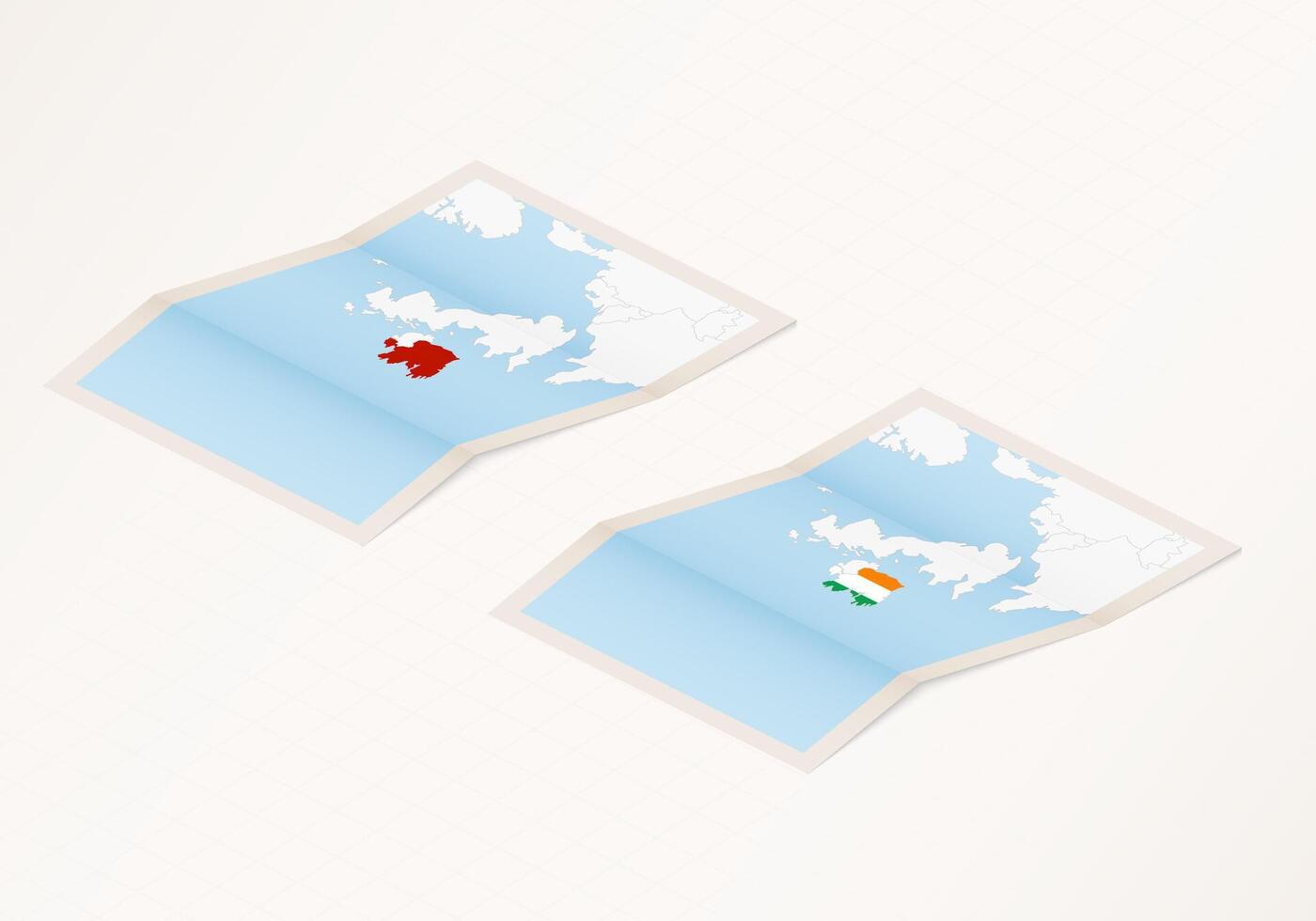 Two versions of a folded map of Ireland with the flag of the country of Ireland and with the red color highlighted. vector