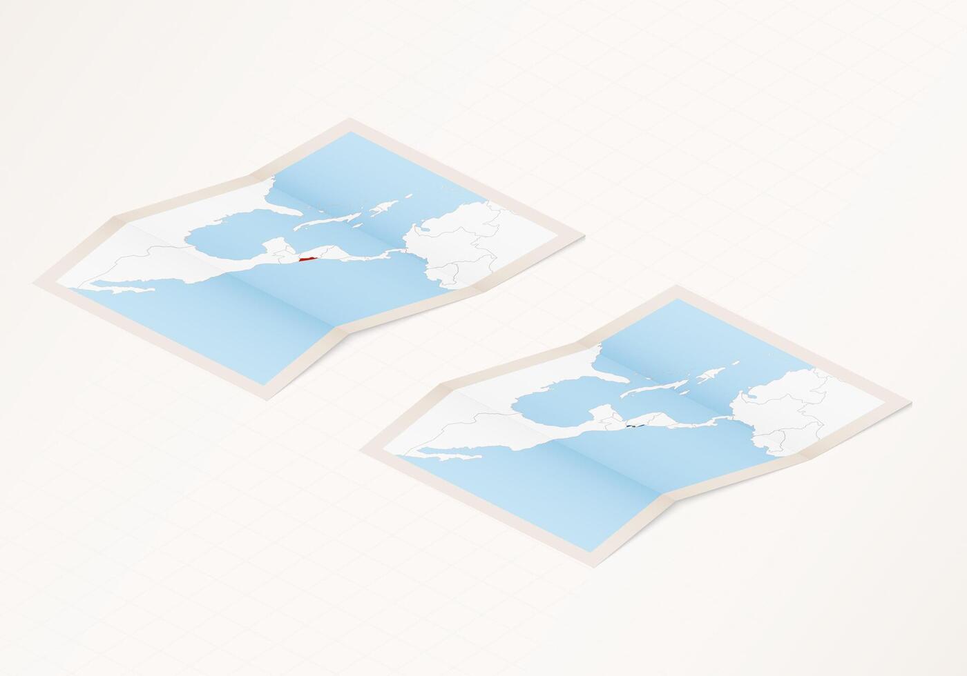 Two versions of a folded map of El Salvador with the flag of the country of El Salvador and with the red color highlighted. vector