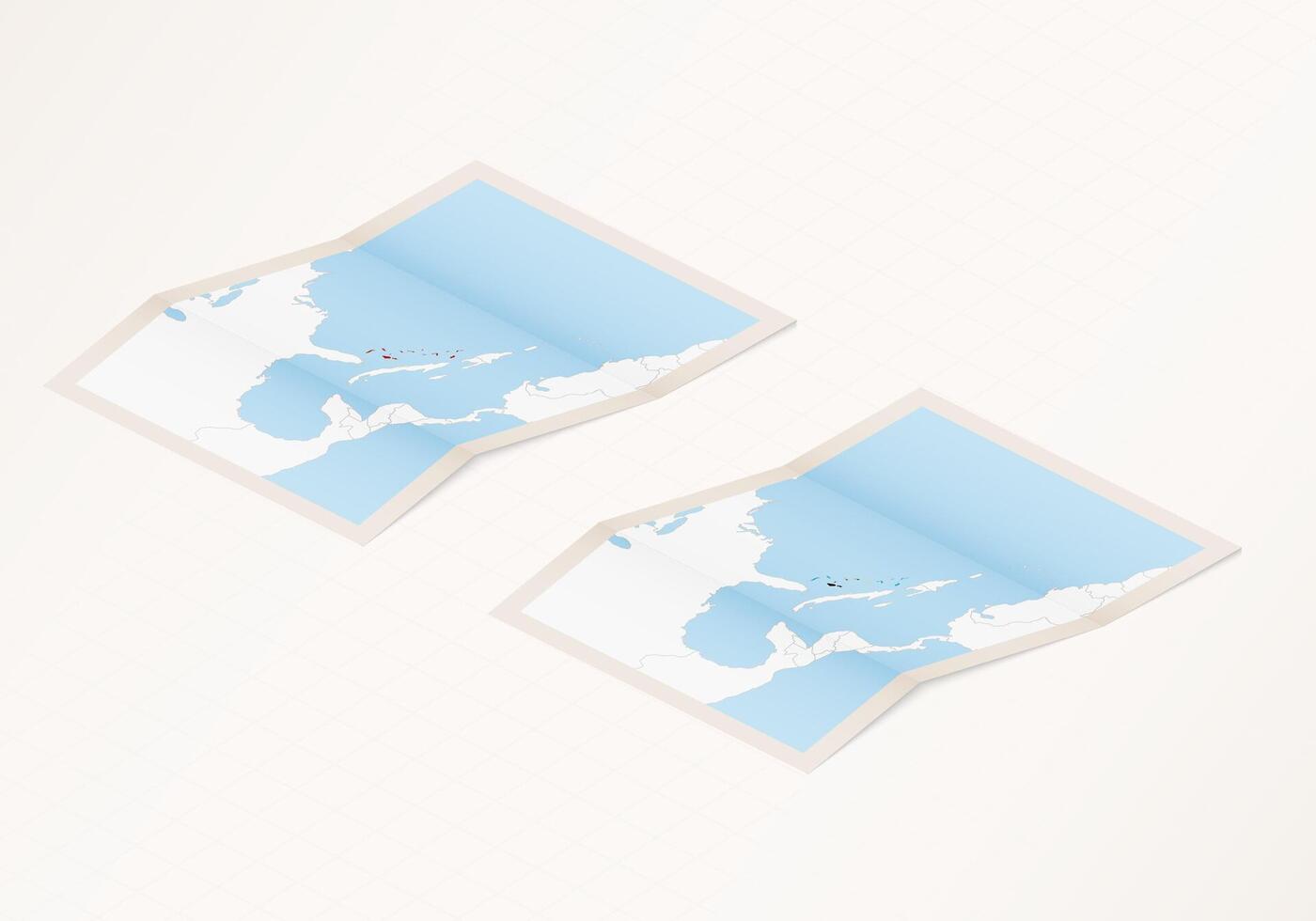 Two versions of a folded map of The Bahamas with the flag of the country of The Bahamas and with the red color highlighted. vector