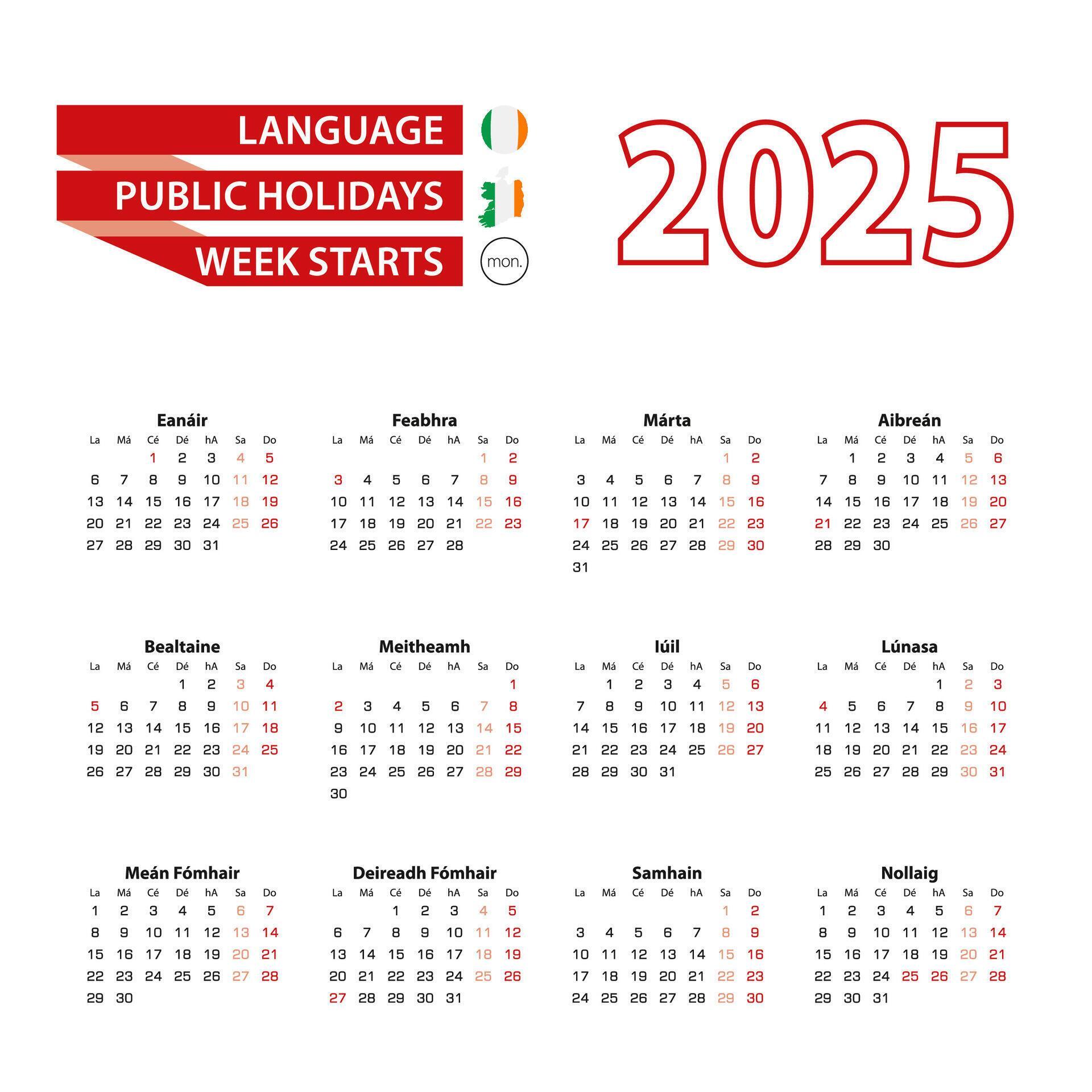 Calendar 2025 in Irish language with public holidays the country of