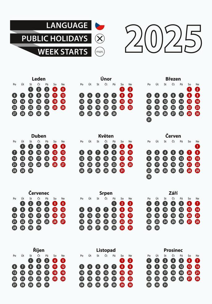 template calendar 2025 with number in circles, simple Czech calendar for year 2025. vector