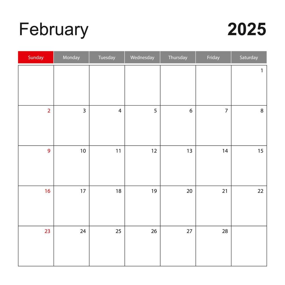 Wall calendar template for February 2025. Holiday and event planner, week starts on Sunday. vector