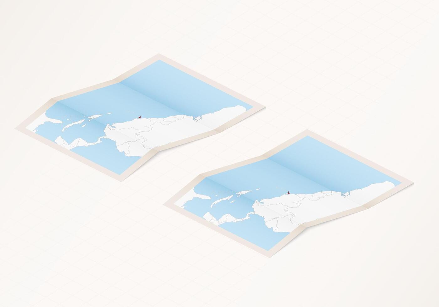 Two versions of a folded map of Trinidad and Tobago with the flag of the country of Trinidad and Tobago and with the red color highlighted. vector